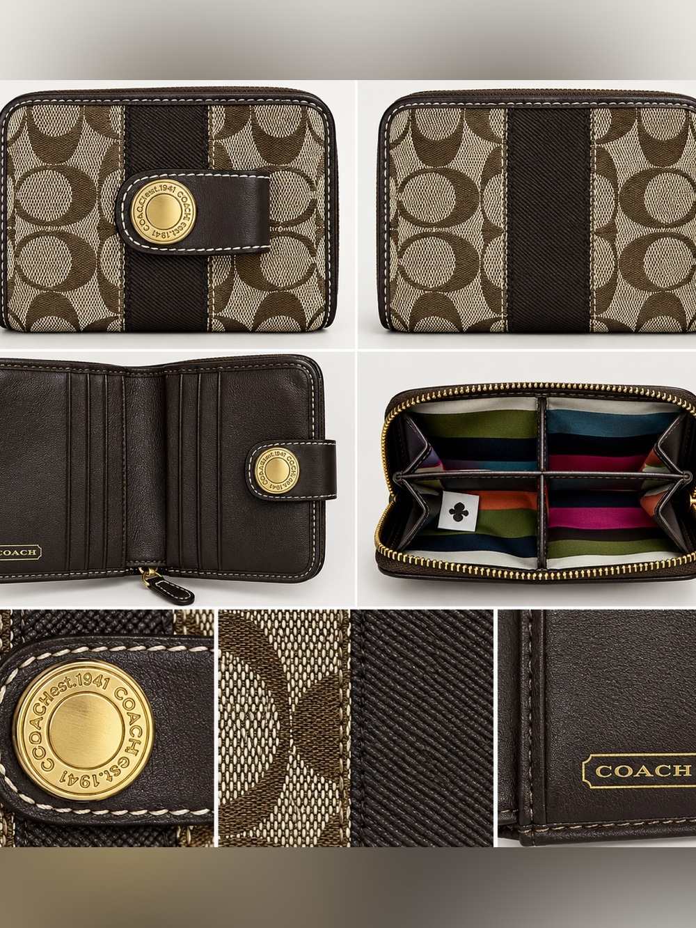 Coach Signature C Jacquard Brown Zip Around Wallet Gold Hardware